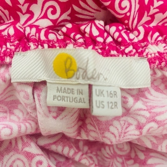 BODEN Womans Romy Pink White Jersey Midi Dress Palm Print Ruffle Trim 12 R - Picture 13 of 14